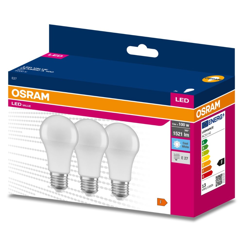 3PAK LED žiarovka E27 A60 13W = 100W 1521lm 4000K Neutral 200° OSRAM VALUE