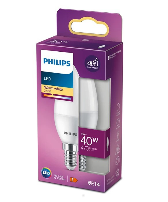 LED žiarovka E14 B35 4,9W = 40W 470lm 2700K teplá matná PHILIPS