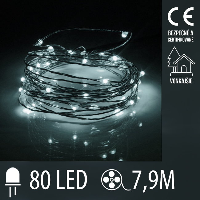 Vianočná led svetelná mikro reťaz vonkajšia - 80led - 7,9m studená biela