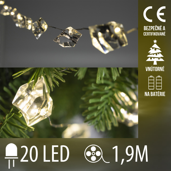 Vianočná led svetelná reťaz vnútorná na batérie - akrylový krištáľ - 20led - 1,9m teplá biela