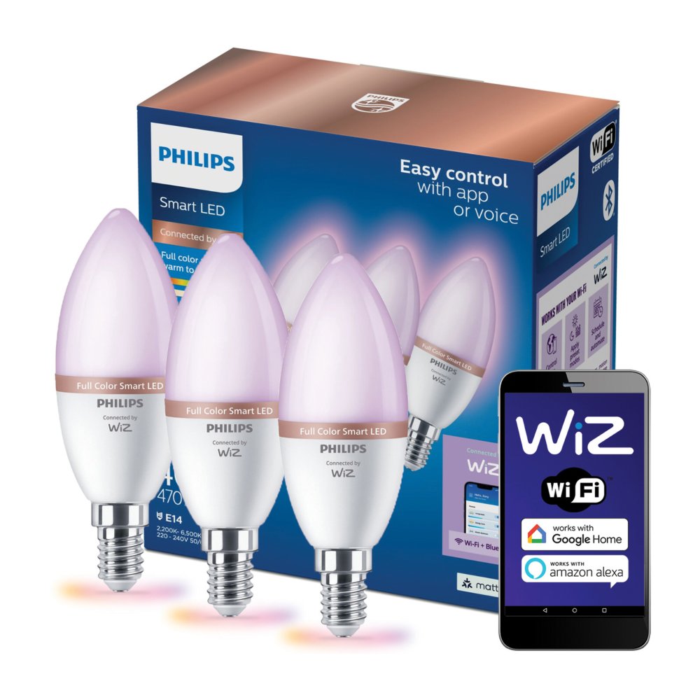 3x LED žiarovka E14 Candle C37 4,9W = 40W 470lm 2200-6500K RGB + TW Smart SMART WiFi Bluetooth App WiZ Philips