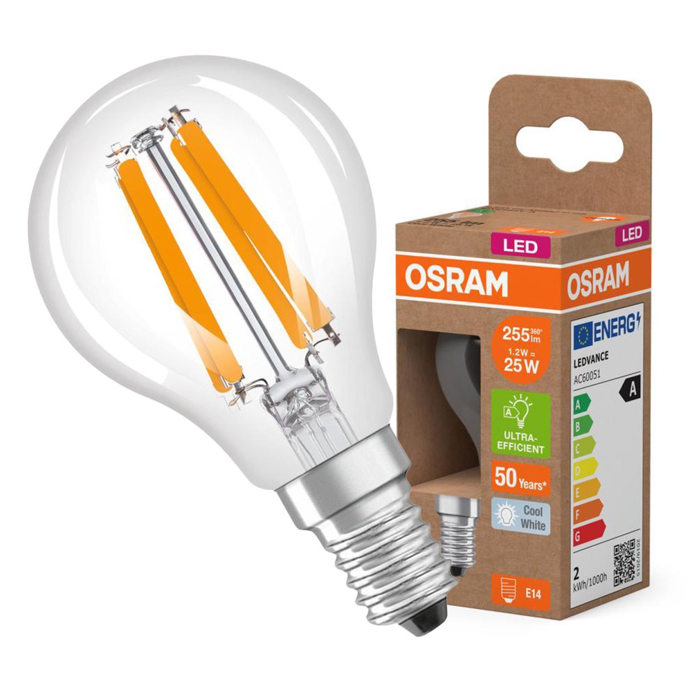 LED žiarovka P45 Ball E14 1,2W = 25W 255lm 4000K Neutral 330° 213lm/W CLASSIC ENERGETICKÁ ÚSPORNOSŤ Osram