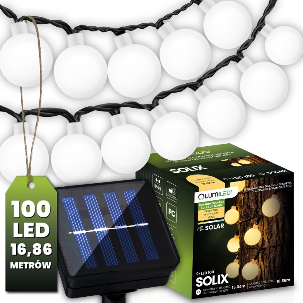 Solárne záhradné girlandy Solárne svetlá 100x LED žiarovka Dekoratívne gule 16m 3000K SOLIX LUMILED