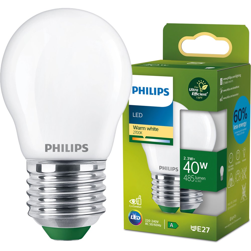 LED žiarovka E27 Ball P45 2,3W = 40W 485lm 210lm/W 2700K Warm 300° CLASS A UltraEfficient Philips