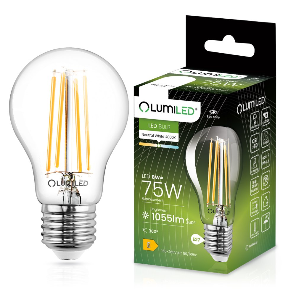 E-shop LED žiarovka E27 A60 8W = 75W 1055lm 4000lm Neutrálne 360° vlákno LUMILED