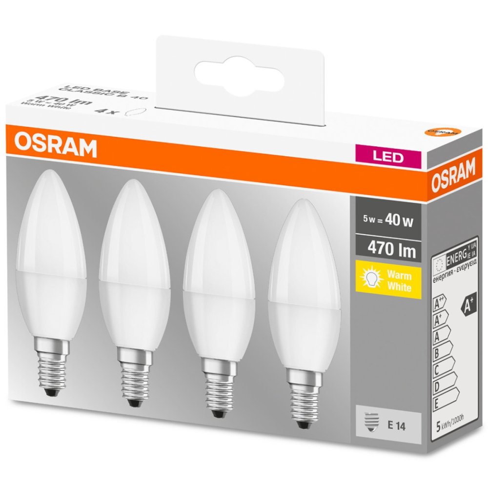 4PAK LED žiarovka E14 B35 5W = 40W 470lm 2700K Warm 300° OSRAM Base