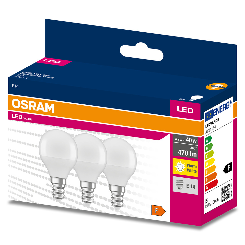 3PAK LED žiarovka E14 P45 4,9W = 40W 470lm 2700K Warm 200° OSRAM Value