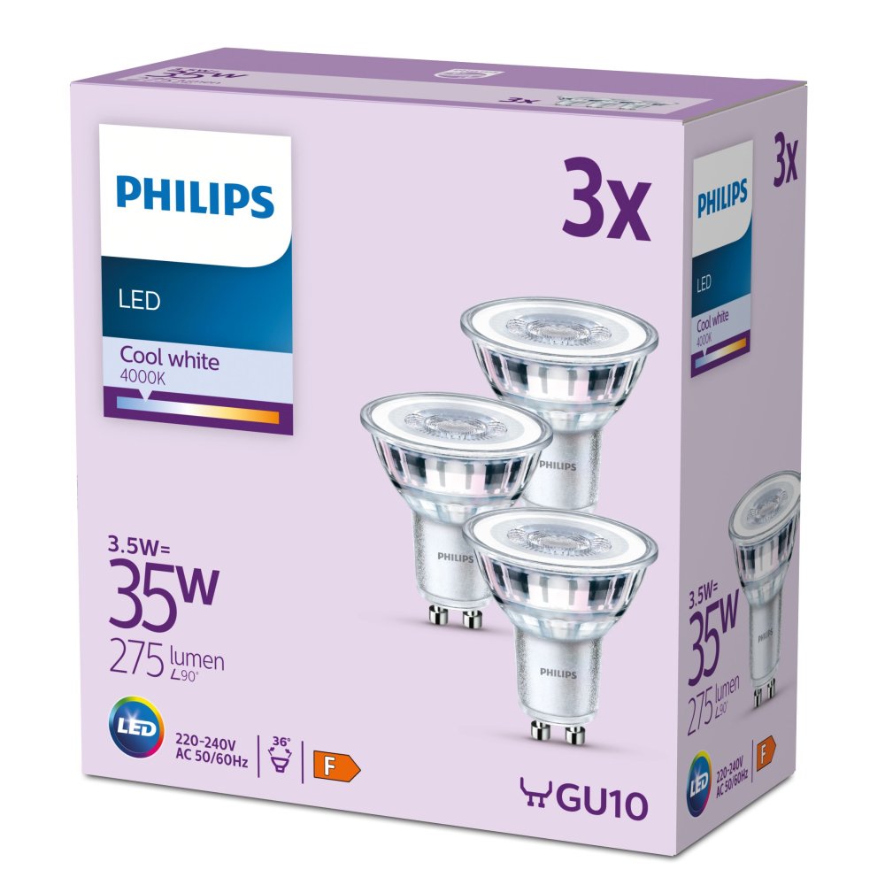 3x LED žiarovka GU10 Reflector PAR16 3,5W = 35W 275lm 4000K Neutral 36° EC Multipack Philips