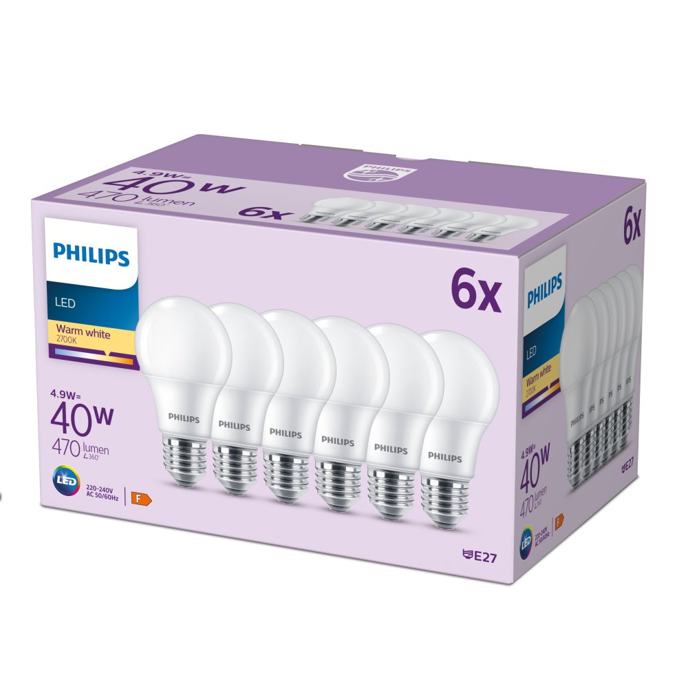 6x LED žiarovka E27 A60 4,9W = 40W 470lm 2700K Warm 180° EC Multipack Philips