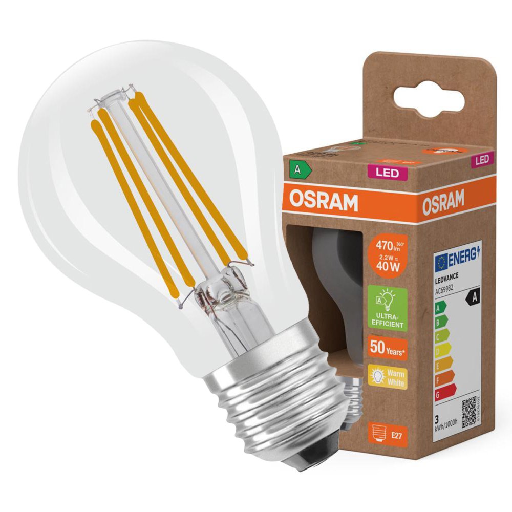 LED žiarovka A60 E27 2,2W = 40W 470lm 2700K Teplé 300° vlákno CLASSIC ENERGETICKÁ ÚSPORNOSŤ Osram