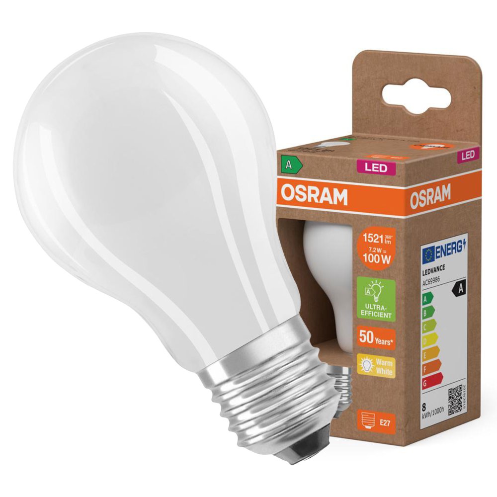 LED žiarovka A60 E27 7,2W = 100W 1521lm 2700K Warm 300° Filament CLASSIC ENERGETICKÁ ÚSPORNOSŤ Osram