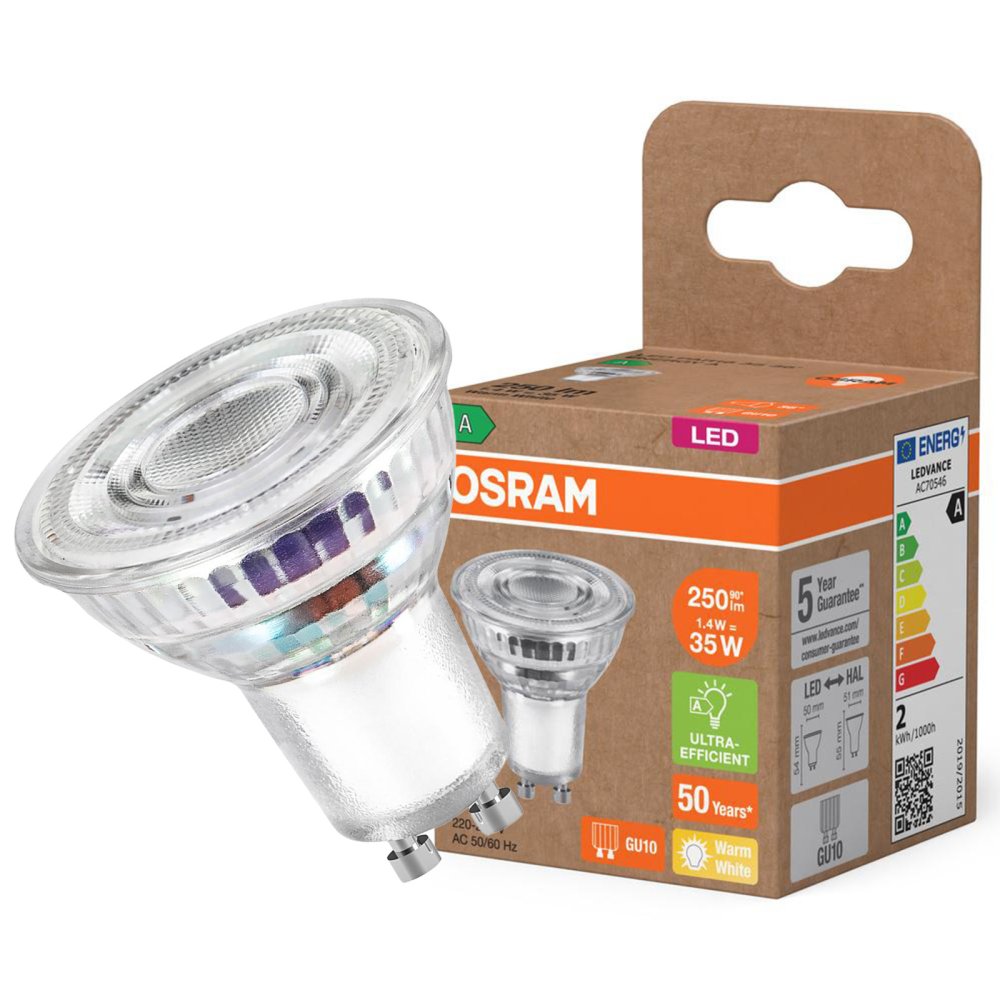 LED žiarovka PAR16 Reflektor GU10 1,3W = 35W 240lm 2700K Teplá 36° 185lm/W ENERGETICKÁ ÚČINNOSŤ Osram