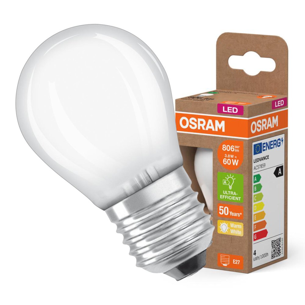 LED žiarovka P45 Ball E27 3,8W = 60W 806lm 2700K Warm 300° 213lm/W CLASSIC ENERGETICKÁ ÚSPORNOSŤ Osram