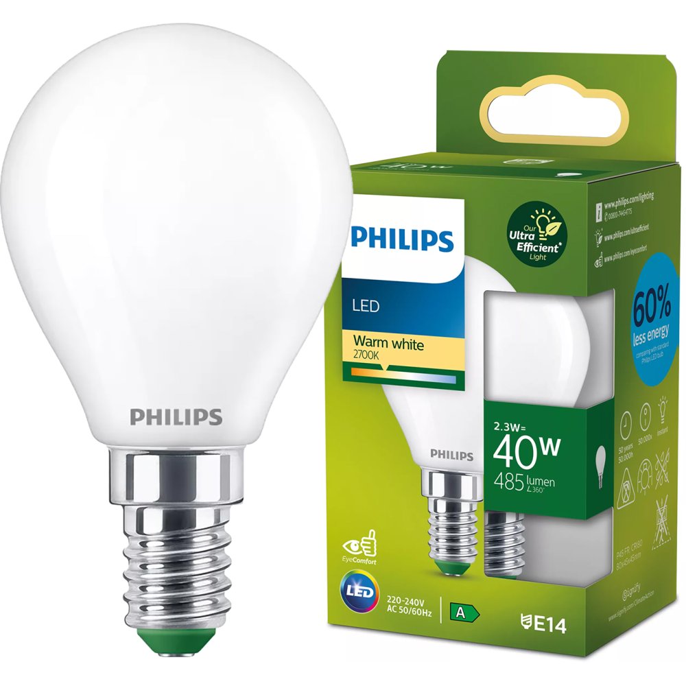 LED žiarovka E14 Ball P45 2,3W = 40W 485lm 210lm/W 2700K Warm 300° CLASS A UltraEfficient Philips