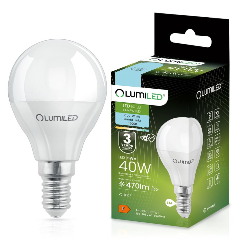 E-shop LED žiarovka E14 guľa P45 5W = 40W 470lm 6500K studená 180° LUMILED