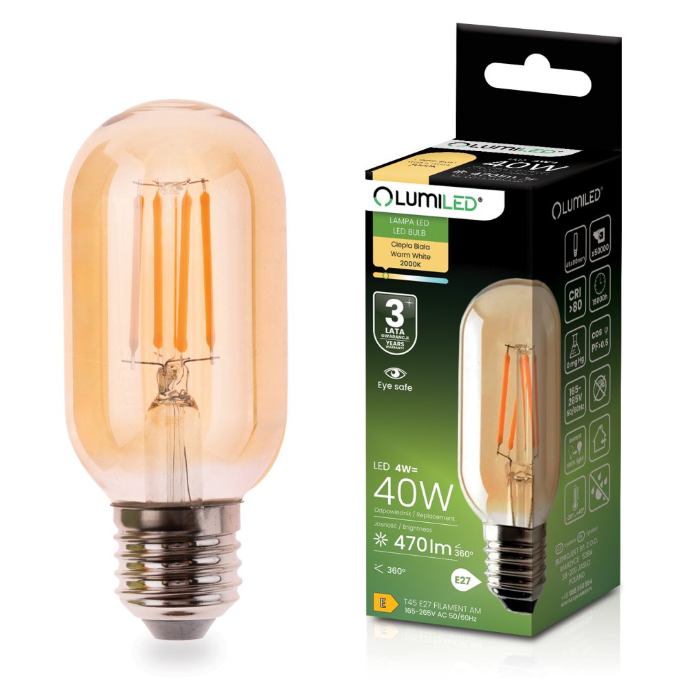 E-shop LED žiarovka E27 T45 4W = 40W 470lm 2000K teplá 360° filament amber LUMILED