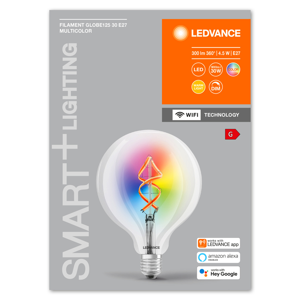 E-shop LED žiarovka E27 G125 4,5W = 30W 2700K Warm RGB 300lm 300° Filament LEDVANCE SMART+ WIFI Dimmable