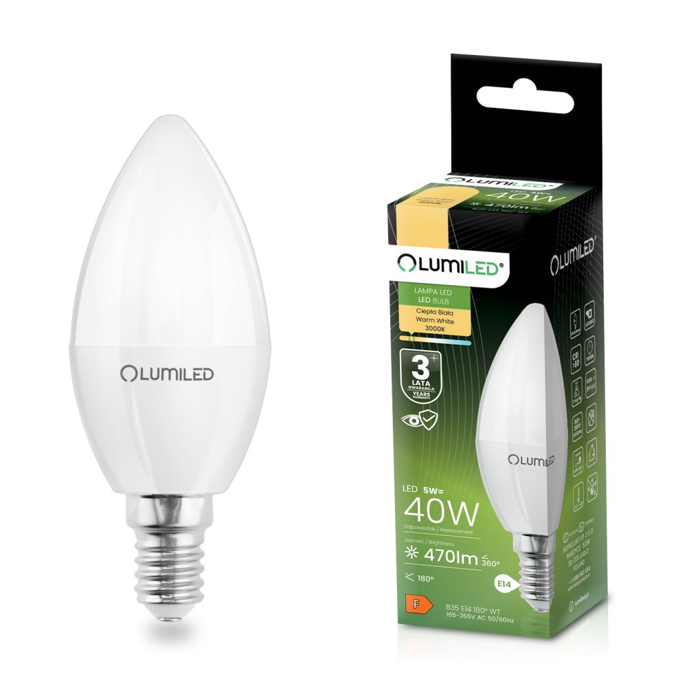 E-shop LED žiarovka E14 B35 5W = 40W 470lm 3000K Warm 180° LUMILED