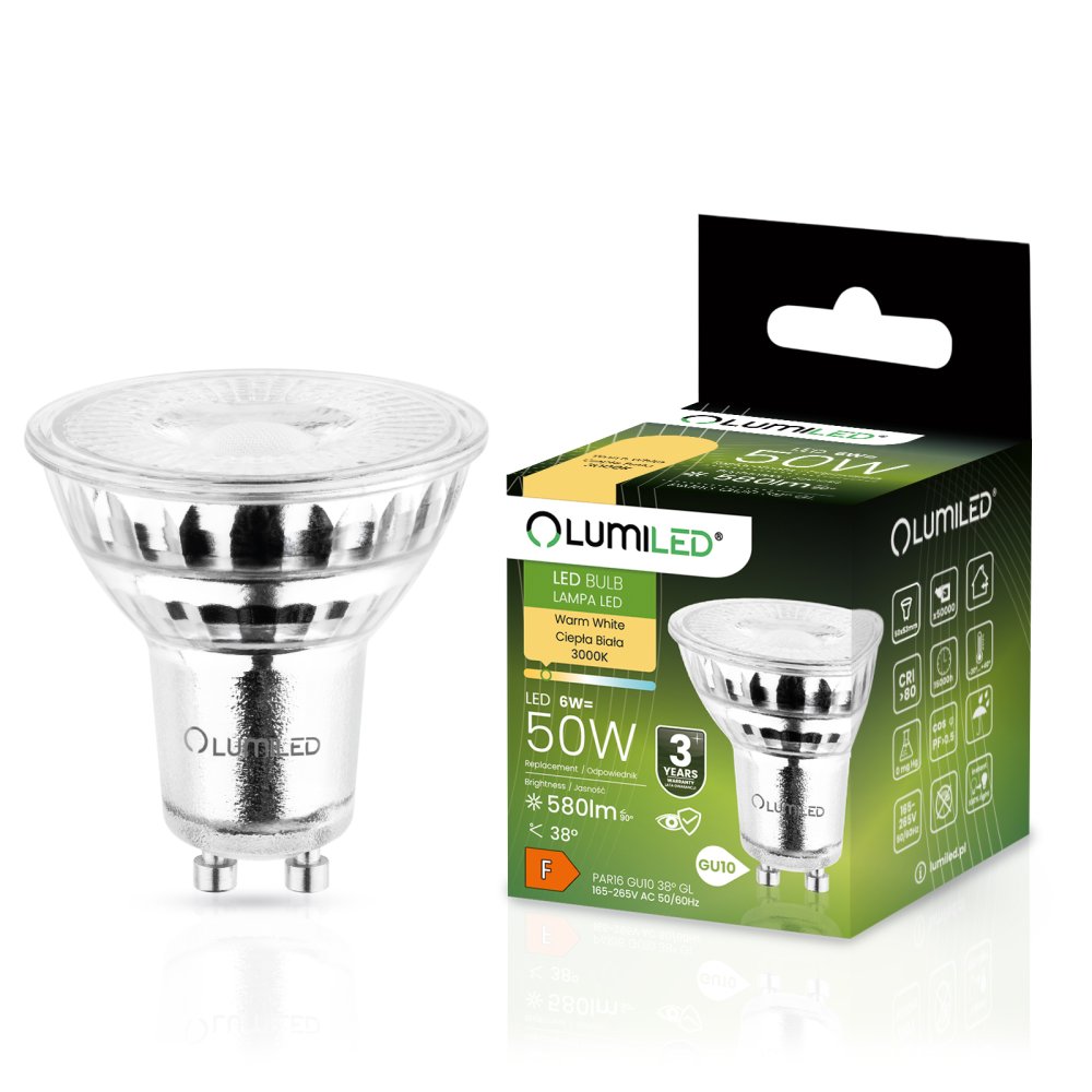 E-shop LED žiarovka GU10 6W = 50W 580lm 3000K Warm 38° Glass LUMILED