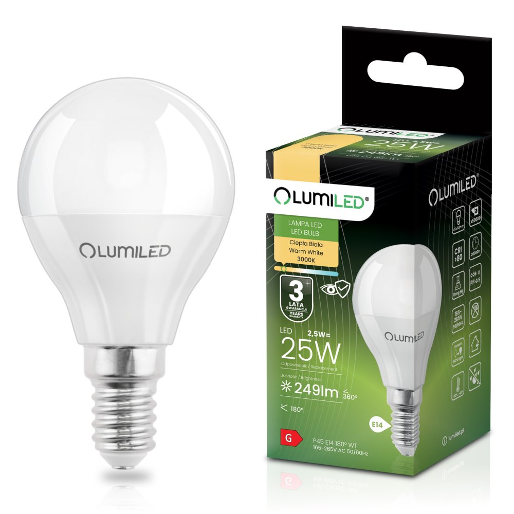 LED žiarovka E14 P40 2,5W = 25W 249lm 3000K Warm 180° LUMILED