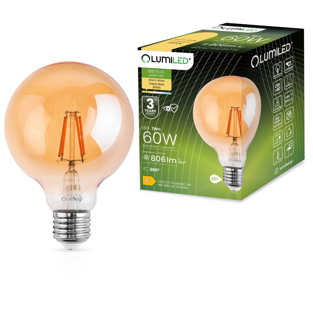 E-shop Dekoratívna LED žiarovka E27 G125 7W = 60W 806lm 2000K teplé 360° vlákno LUMILED Globe Amber