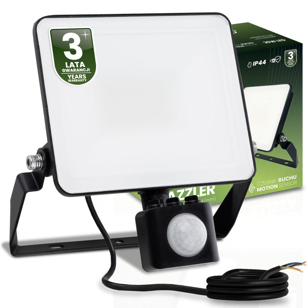 E-shop LED reflektor AZZLER 20W 2400lm 4000K IP44 Halogénová vonkajšia lampa so senzorom pohybu čierna LUMILED