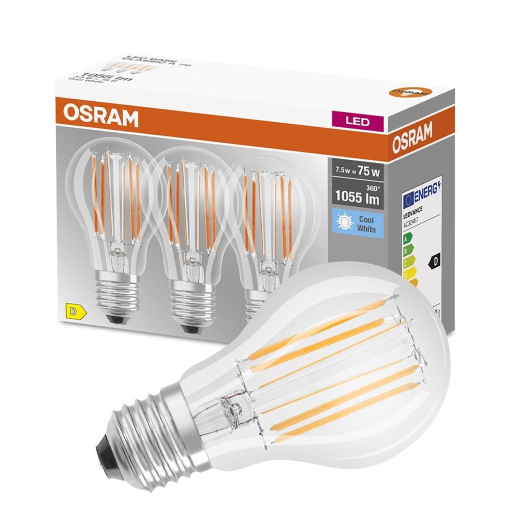3PAK LED žiarovka E27 A60 CL 7,5W = 75W 1055lm 4000K Neutrálne 300° vlákno OSRAM BASE
