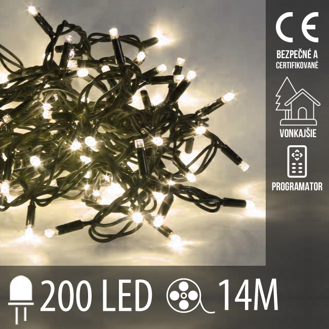 Vianočná led svetelná reťaz vonkajšia + programy - 200led - 14m teplá biela