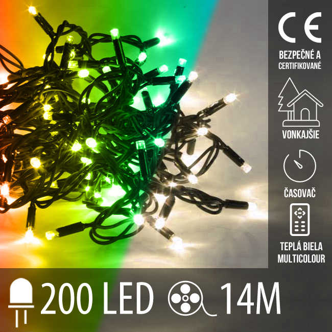 Vianočná led svetelná reťaz vonkajšia s časovačom + 2 farebné variácie - 200led - 14m teplá biela/multicolour