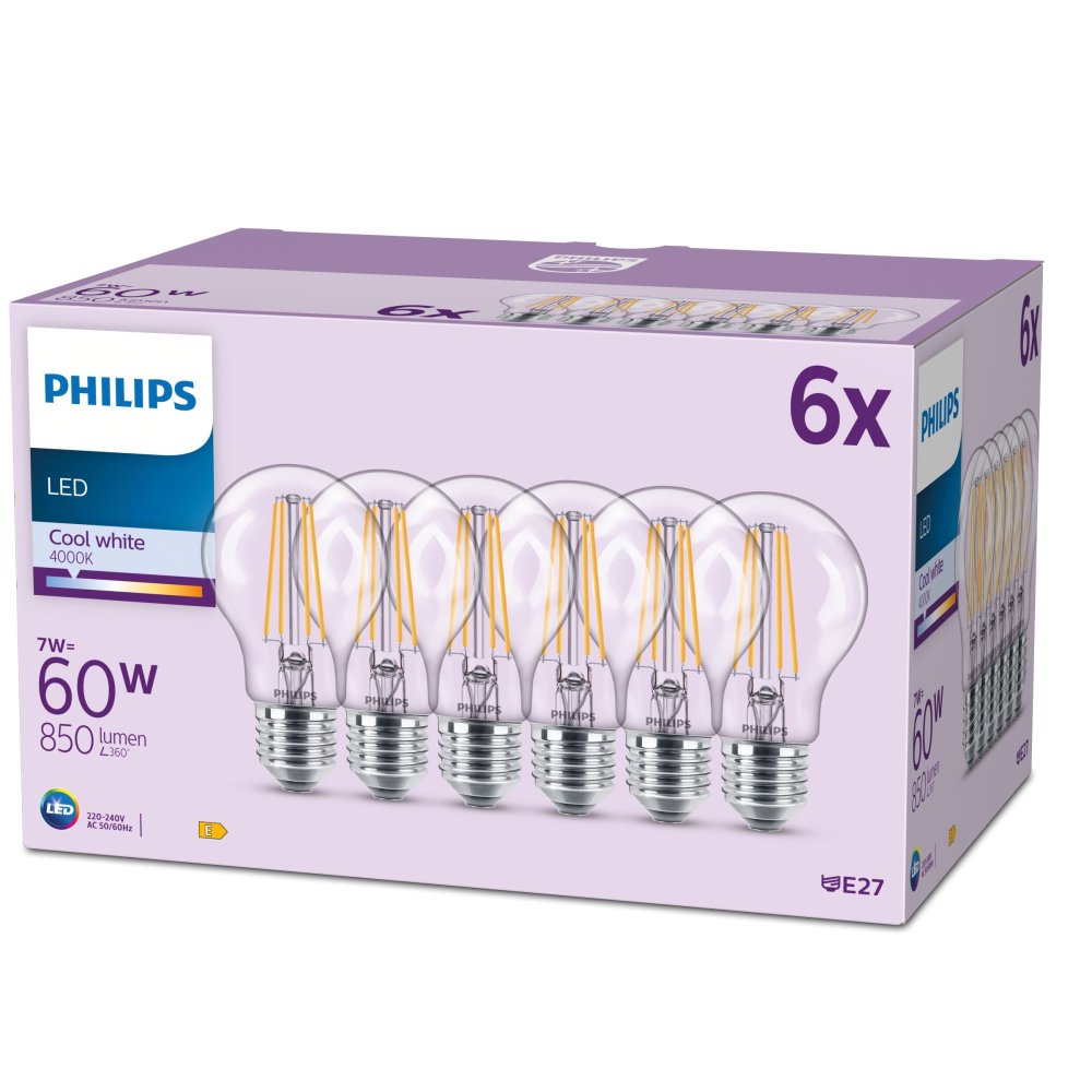 6x LED žiarovka E27 A60 7W = 60W 850lm 4000lm Neutral 300° FILAMENT EC Multipack Philips