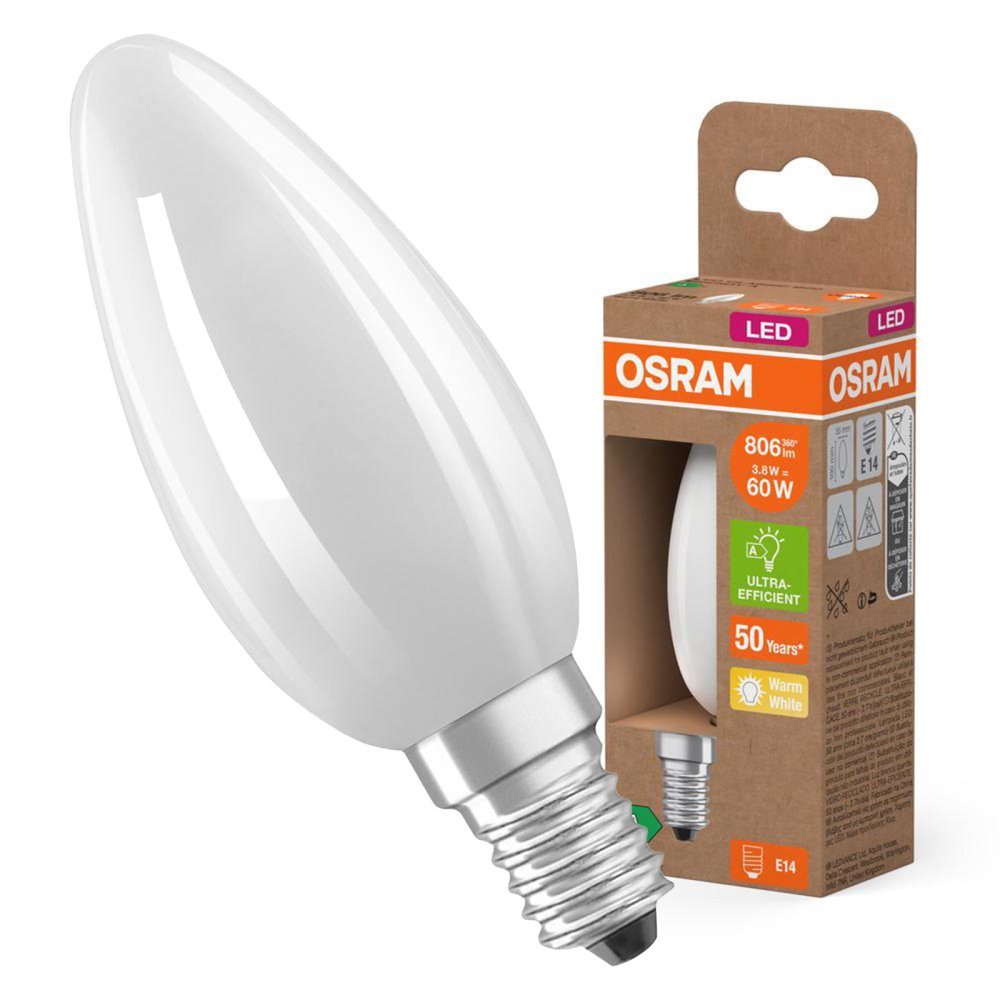 LED žiarovka B35 Candle E14 3,8W = 60W 806lm 2700K Warm 330° 213lm/W CLASSIC ENERGETICKÁ ÚSPORNOSŤ Osram