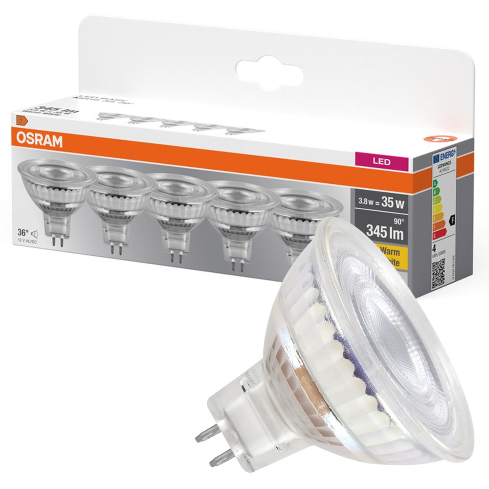 5x LED žiarovka MR16 Reflector GU5.3 3,8W = 35W 345lm 2700K Warm 12V 36° BASE Osram