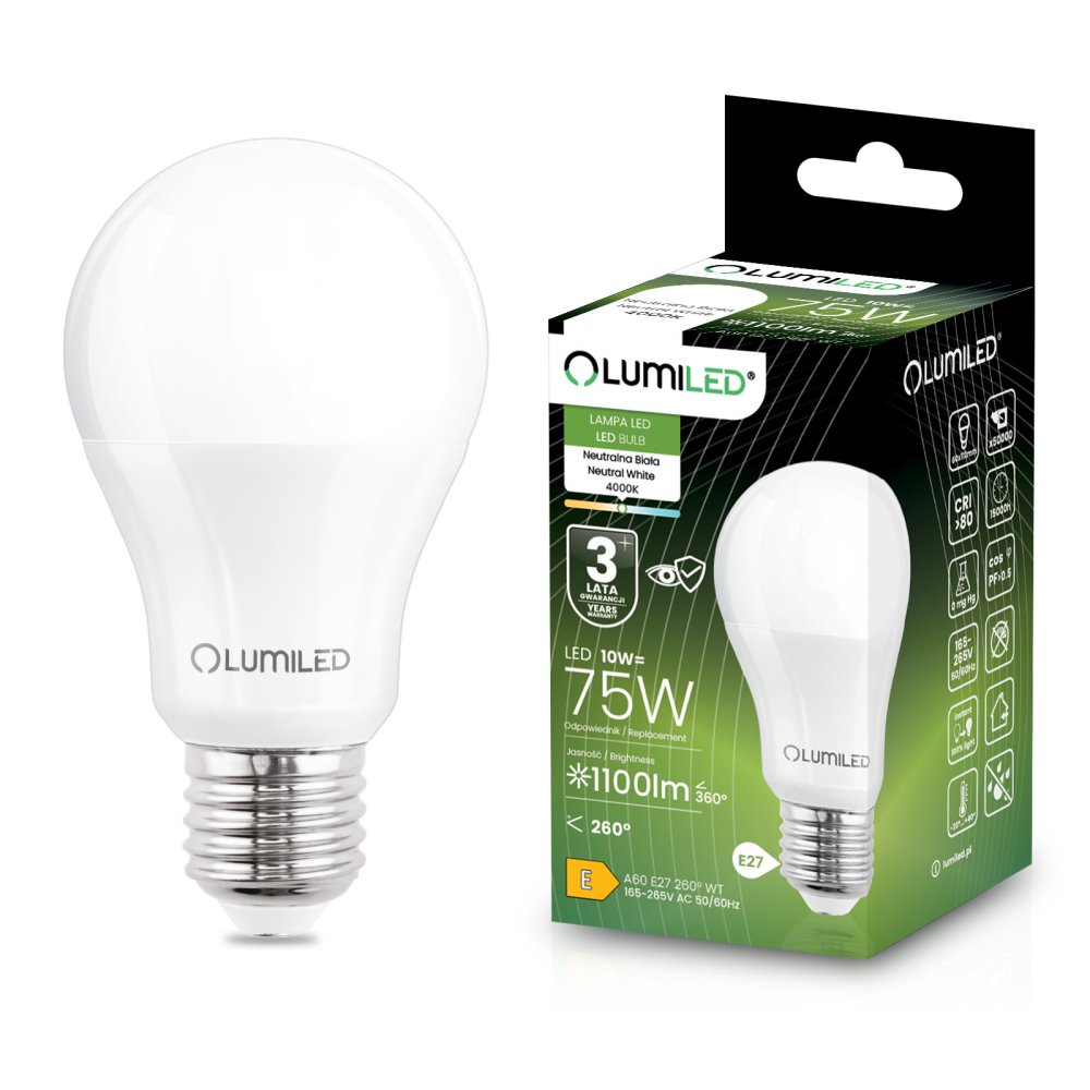 LED žiarovka E27 A60 10W = 75W 1100lm 4000K Neutral 260° LUMILED