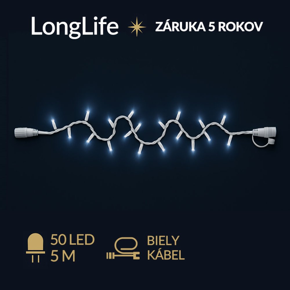 LongLife spojovateľná led svetelná reťaz vonkajšia - 50led - 5m studená biela - biely kábel