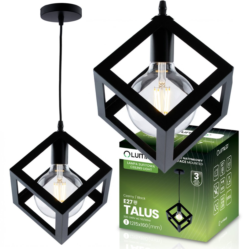 E-shop Závesná stropná lampa geometrická štvorcová LED E27 TALUS čierna LUMILED