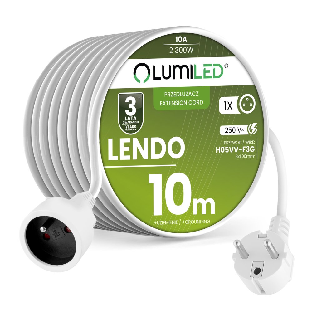 E-shop Sieťový predlžovací kábel s uzemnením napájacia lišta 1 zásuvka 10m biely šnúra Lendo Lumiled
