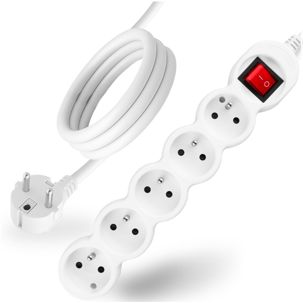 E-shop Predlžovací kábel s uzemnením napájacia lišta 5 zásuviek 3m vypínač ON/OFF biely kábel Lendo Lumiled