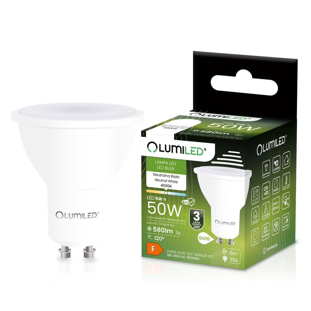 E-shop LED žiarovka GU10 reflektor PAR16 6W = 50W 580lm 4000K neutrálna 120° so senzorom pohybu a súmraku LUMILED