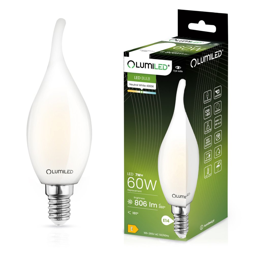 E-shop LED žiarovka Flame BA35 E14 7W = 60W 770lm 4000K Neutrálna 360° žiarovka Milk LUMILED