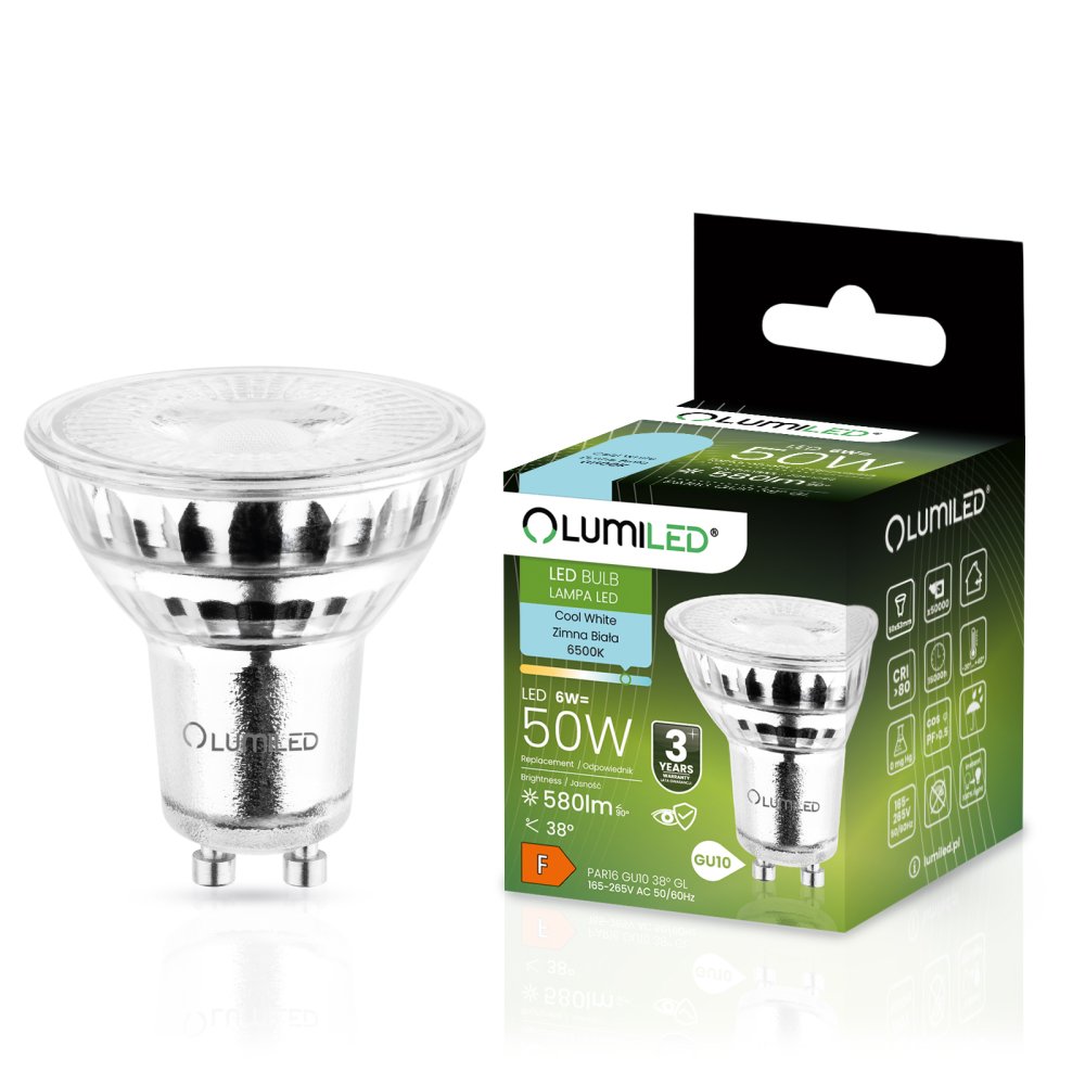 E-shop LED žiarovka GU10 6W = 50W 580lm 6500K Studené 38° sklo LUMILED