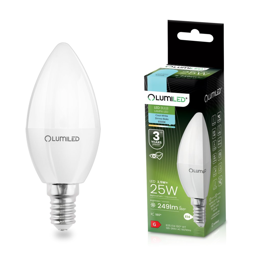 E-shop LED žiarovka B35 E14 2,5W = 25W 249lm 6500K Cold 180° LUMILED