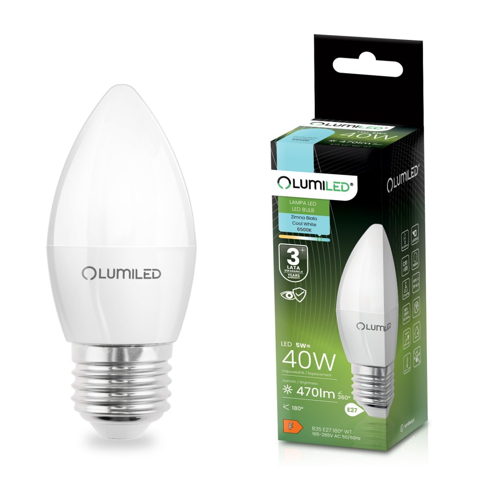 E-shop LED žiarovka E27 B35 5W = 40W 470lm 6500K Cold 180° LUMILED