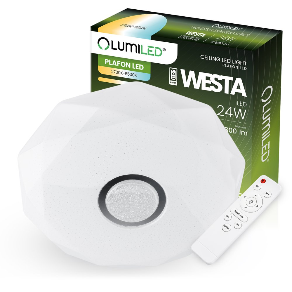 LED stropný plafón WESTA 24W Diamond Modern 39 cm CCT + diaľkové ovládanie LUMILED