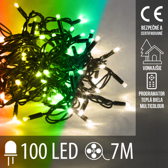 Vianočná led svetelná reťaz vonkajšia s časovačom + programátor + 2 farebné variácie - 100led - 7m teplá biela/multicolour