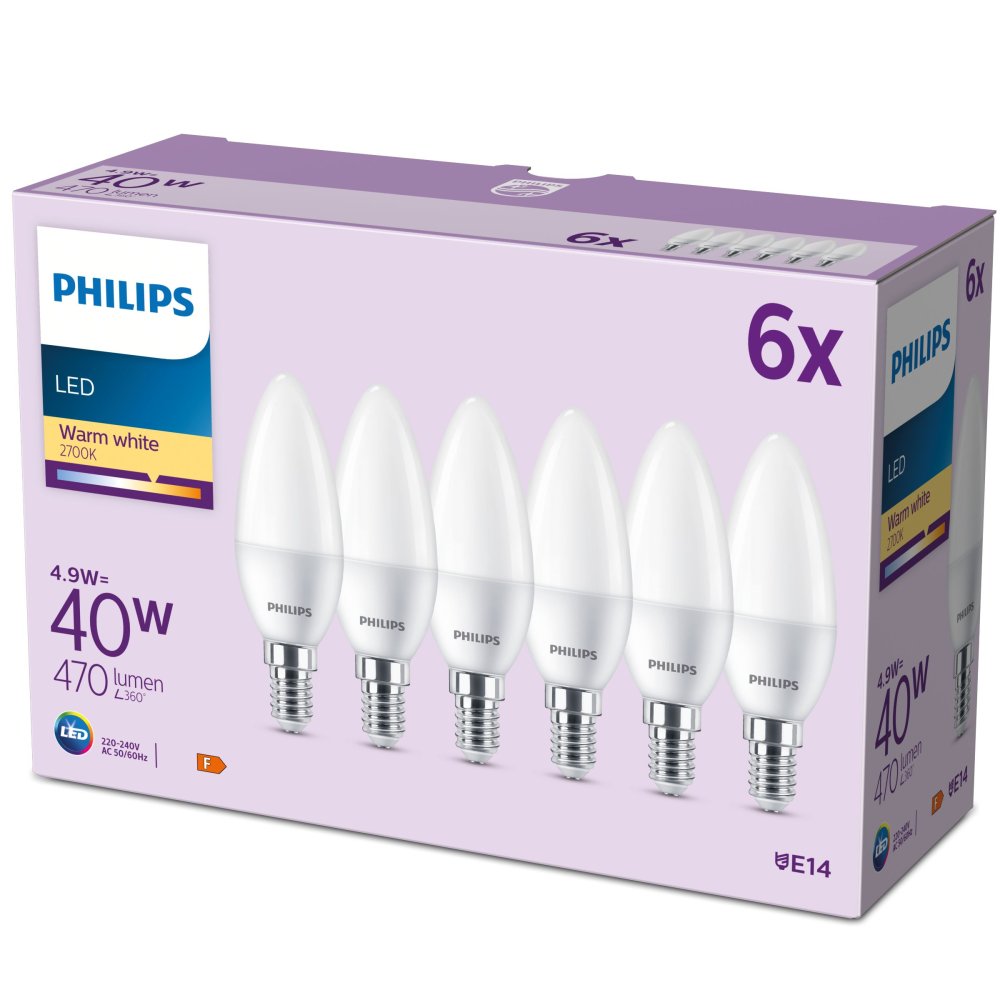 6x LED žiarovka E14 Candle B35 4,9W = 40W 470lm 2700K Warm EC Multipack Philips