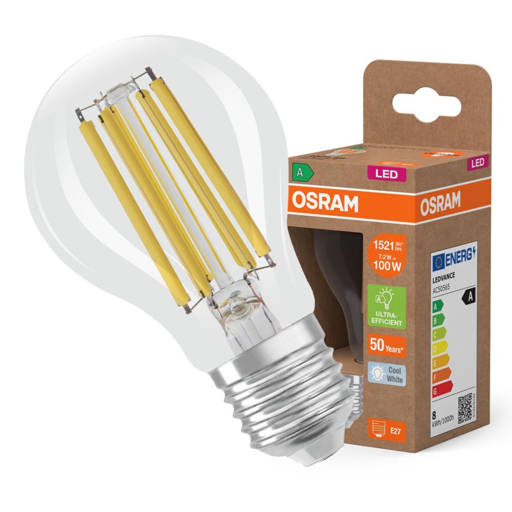 LED žiarovka A60 E27 7,2W = 100W 1521lm 4000K Neutrálne 320° vlákno CLASSIC ENERGETICKÁ ÚČINNOSŤ Osram