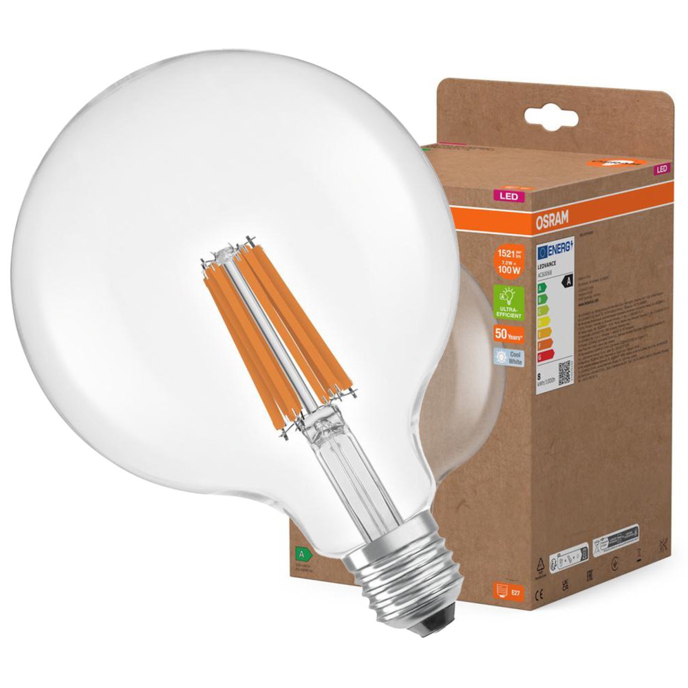 LED žiarovka G125 Sphere E27 7,2W = 100W 1521lm 4000K Neutrálne 330° vlákno CLASSIC ENERGETICKÁ ÚČINNOSŤ Osram