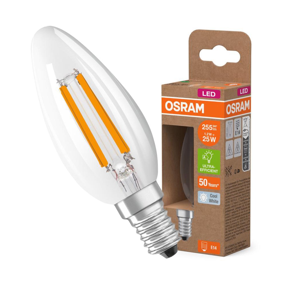 LED žiarovka B35 Candle E14 1,2W = 25W 255lm 4000K Neutral 330° 213lm/W CLASSIC ENERGETICKÁ ÚSPORNOSŤ Osram