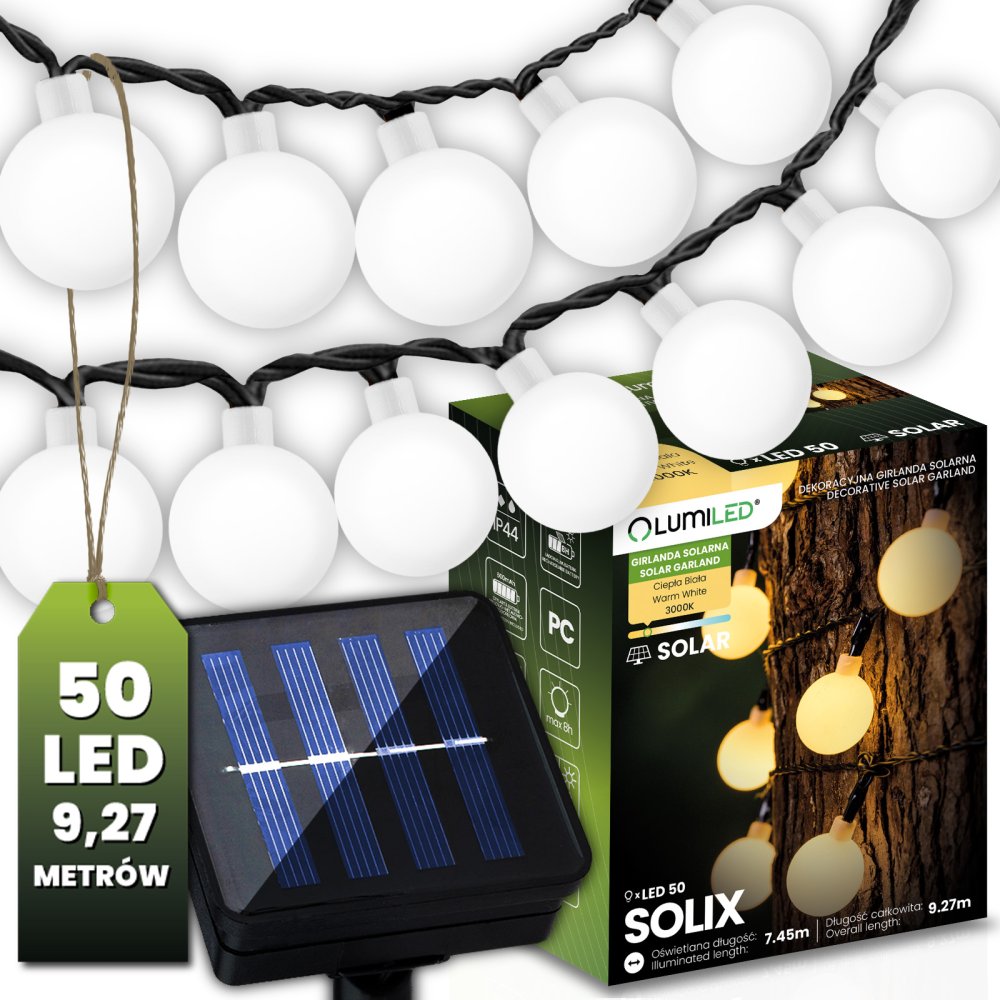 Solárne záhradné girlandy Solárne svetlá 50x LED žiarovka Dekoratívne korálky 9m 3000K SOLIX LUMILED