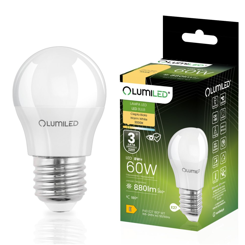LED žiarovka E27 Ball P45 8W = 60W 880lm 3000K Warm 180° LUMILED